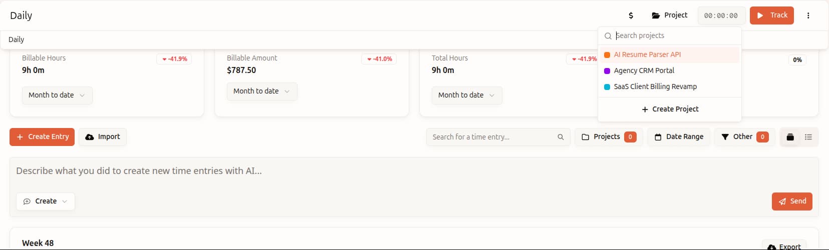 Clean time tracking dashboard with running timer